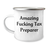 Tax Preparer Gifts from Friends - 'Amazing F--king Tax Preparer' Funny Quote, 12 oz Stainless Steel Camping Mug for Graduation - Image 1
